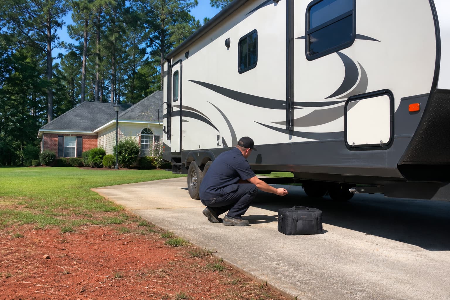 On-site RV mechanic in Columbia SC repairing a travel trailer near Lake Murray